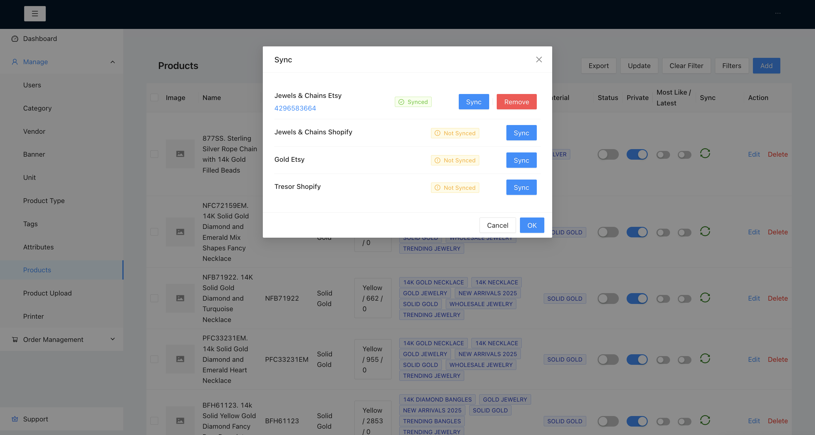 Dashboard visualization of multi-store management interface