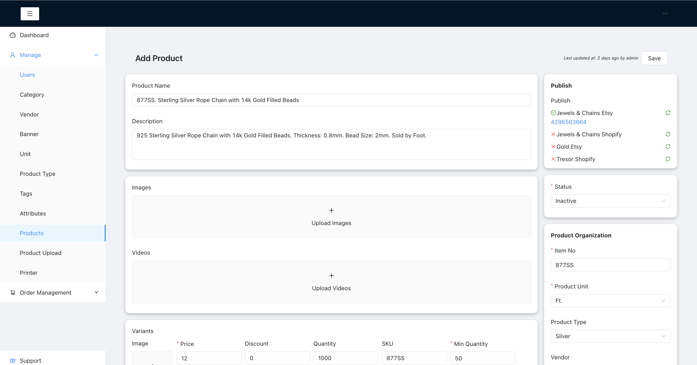 Catalog management interface showing product organization and bulk editing tools