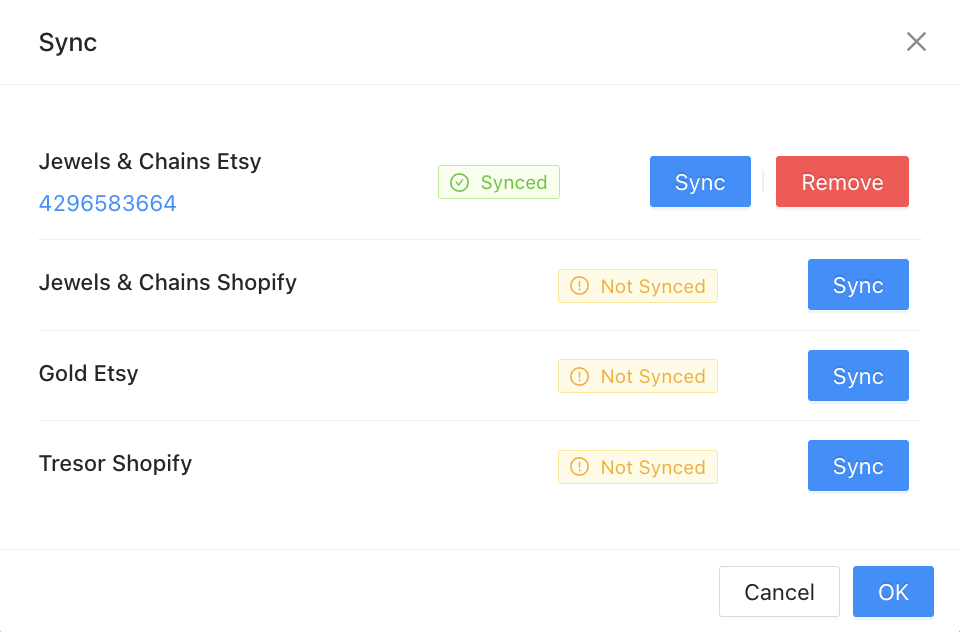 Multi-channel selling interface showing product listings across different platforms